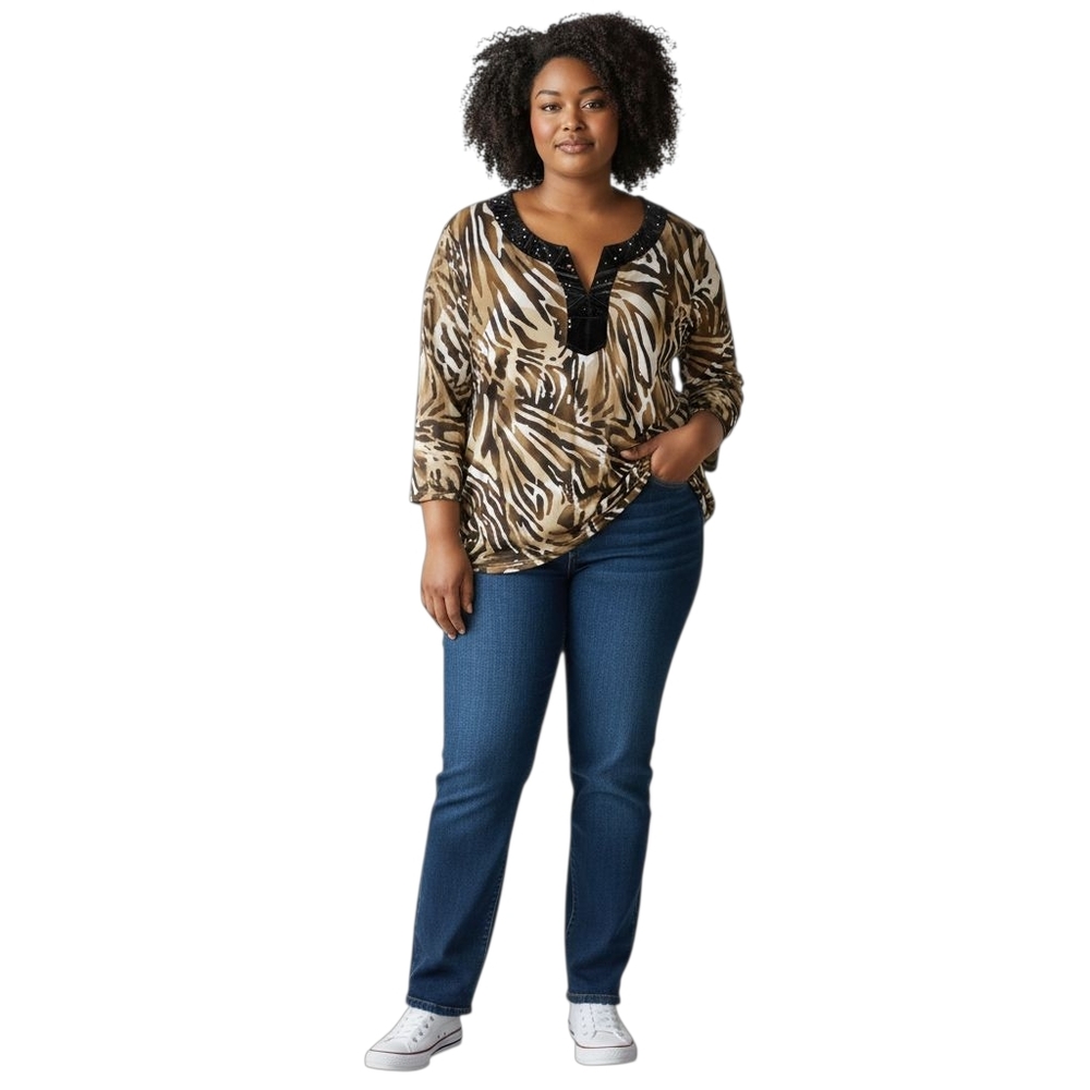 JM Collection Tunic Tops Animal Print B Sequins at v-neck Size XL
